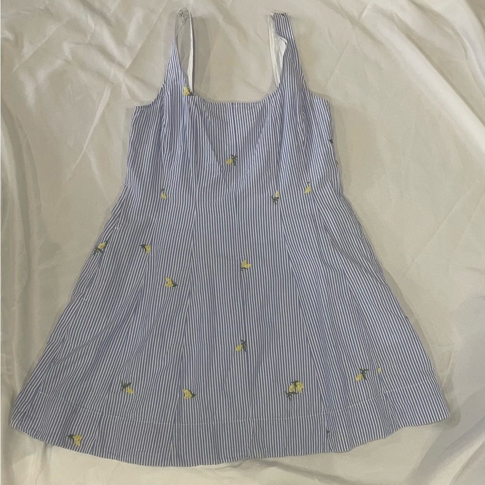 Blue and White Striped Sundress with Yellow Accents